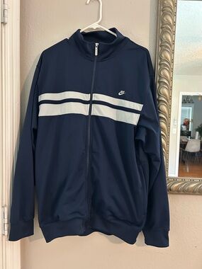 Nike Men's Navy Blue Track Jacket with White Stripes